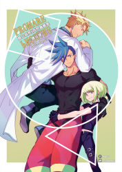 Rule 34 | 3boys, blonde hair, blue hair, carrying over shoulder, cocoda, dated, earrings, firefighter, galo thymos, gloves, green hair, half gloves, height difference, hug, jewelry, kray foresight, lab coat, lio fotia, male focus, midriff, multiple boys, promare, spiked hair, spoilers, sweater, turtleneck, turtleneck sweater, twitter username