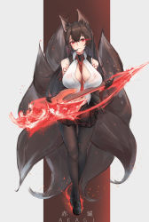 Rule 34 | 1girl, absurdres, akagi (azur lane), akagi (muse) (azur lane), animal ear fluff, animal ears, azur lane, bare shoulders, between breasts, black footwear, black gloves, black jacket, blush, breasts, brown hair, character name, cleavage, detached sleeves, fox ears, fox tail, full body, gloves, hand up, headset, highres, holding, holding instrument, instrument, jacket, large breasts, large tail, loafers, long hair, looking at viewer, necktie, off shoulder, pantyhose, red eyes, shirt, shoes, skirt, smile, solo, tail, white shirt, wing collar, yusha m