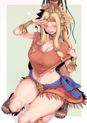 Rule 34 | 1girl, absurdres, arm guards, aztec, blonde hair, blush, breasts, chin piercing, cleavage, collarbone, commentary request, fate/grand order, fate (series), green eyes, green nails, hair ornament, headband, headdress, heart, highres, jewelry, large breasts, long hair, looking to the side, midriff, nail polish, nakamura regura, navel, neck, open mouth, quetzalcoatl (fate), sandals, simple background, smile, solo, squatting, very long hair, white background