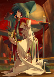 Rule 34 | 1girl, aoi yuuji, candle, candlestand, checkered floor, curtains, dress, fire, fire, green hair, hat, kneeling, long hair, long sleeves, looking at viewer, mask, red eyes, solo, standing, table, tate eboshi, very long hair, white dress, wide sleeves
