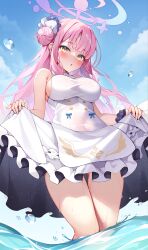 Rule 34 | 1girl, :o, blue archive, blush, breasts, dress, hair bun, halo, highres, large breasts, long hair, looking at viewer, mika (blue archive), pink hair, pinki o64, single side bun, solo, tagme, very long hair, white dress, yellow eyes