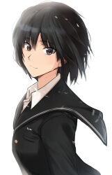 Rule 34 | 1girl, amagami, black cardigan, black hair, black sailor collar, brown eyes, cardigan, commentary, dress shirt, from side, hair between eyes, highres, kibito high school uniform, light smile, looking at viewer, looking to the side, messy hair, nanasaki ai, sailor collar, school uniform, shirt, short hair, simple background, smile, upper body, white background, white shirt, yoo tenchi