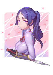 Rule 34 | 1girl, absurdres, black gloves, blue hair, bodysuit, breasts, fate/grand order, fate (series), gloves, gorgeous mushroom, highres, holding, holding sword, holding weapon, long hair, looking at viewer, minamoto no raikou (fate), petals, ponytail, purple eyes, smile, solo, sword, weapon