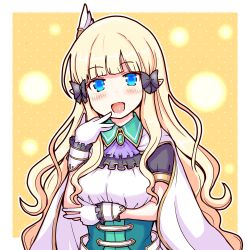 Rule 34 | blonde hair, blue eyes, blunt bangs, breasts, capelet, cloak, elf, eruru (erl), highres, outside border, pointy ears, princess connect!, saren (princess connect!), solo, yellow background