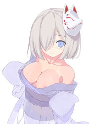 Rule 34 | 1girl, alternate costume, areola slip, blue eyes, breasts, cleavage, fox mask, hair over one eye, hamakaze (kancolle), japanese clothes, kantai collection, kokonobi, large breasts, long sleeves, looking at viewer, mask, mask on head, no bra, off shoulder, short hair, silver hair, sleeves past wrists, solo, wavy mouth