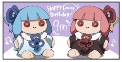 Rule 34 | :&gt;, anniversary, black dress, blue dress, blue hair, blunt bangs, border, button eyes, buttons, character doll, collared dress, commentary request, datemegane, detached sleeves, dress, english text, flower knot, gradient dress, hair ribbon, happy birthday, highres, kotonoha akane, kotonoha aoi, musical note, no humans, pink hair, purple background, ribbon, siblings, sisters, sleeveless, sleeveless dress, voiceroid, white border, white dress