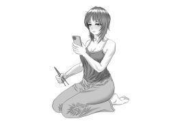 Rule 34 | 1girl, absurdres, alternate costume, bare shoulders, barefoot, breasts, camisole, cellphone, chopsticks, commentary request, girls und panzer, greyscale, highres, holding, holding chopsticks, holding phone, monochrome, nishizumi miho, pants, phone, seiza, shirt, sitting, sleeveless, sleeveless shirt, smartphone, tank top, tigern (tigern28502735), white background