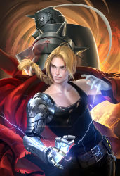 Rule 34 | 2boys, alchemy, alphonse elric, amputee, armor, belt, blonde hair, braid, brothers, coat, cyborg, edward elric, electricity, full armor, fullmetal alchemist, gloves, glowing, glowing eyes, helmet, long hair, magic, male focus, mechanical arms, multiple boys, parted lips, prosthesis, prosthetic arm, red coat, sakimichan, shoulder spikes, siblings, single braid, single glove, single mechanical arm, solid eyes, spikes, tank top, torn clothes, watermark, web address, yellow eyes