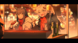Rule 34 | 2girls, :d, alcohol, alternate costume, animal ears, arknights, beer, black hair, black jacket, blurry, blurry background, blush, bottle, city, commentary, cup, dadijiji, eating, food, fur-trimmed hood, fur trim, grey eyes, hair between eyes, holding, holding cup, holding food, holding pocky, hood, hooded jacket, jacket, kebab, lappland (arknights), letterboxed, long hair, looking at viewer, mouth hold, mug, multiple girls, official alternate costume, open clothes, open jacket, open mouth, orange eyes, outdoors, pocky, red shirt, scar, scar across eye, scar on face, shirt, sitting, smile, texas (arknights), texas (winter messenger) (arknights), turtleneck, upper body, white hair, white jacket, wolf ears