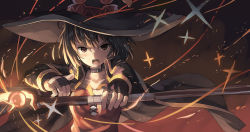 Rule 34 | 1girl, belt buckle, brown hair, buckle, cape, casting spell, choker, commentary, fingerless gloves, gloves, hat, holding, holding staff, huanxiang huifeng, kono subarashii sekai ni shukufuku wo!, long sleeves, looking at viewer, magic, megumin, open mouth, outstretched arm, red eyes, short hair, solo, staff, upper body, witch hat