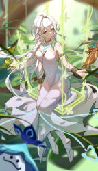 Rule 34 | 1girl, absurdres, ahoge, aranara (genshin impact), bare shoulders, braid, chinese commentary, commentary request, cross-shaped pupils, dress, forest, genshin impact, green eyes, hapwind, highres, long braid, long hair, nature, pointy ears, rukkhadevata (genshin impact), side braid, single braid, sitting, smile, solo, strapless, strapless dress, symbol-shaped pupils, white hair