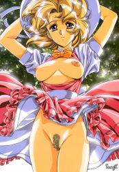 Rule 34 | 1girl, arms up, blonde hair, breasts, breasts out, colored skin, cowboy shot, dress, female focus, female pubic hair, groin, hat, highres, large breasts, nipples, no bra, no panties, open clothes, outdoors, plant, pubic hair, solo, upskirt, urushihara satoshi, wind, yellow eyes, yellow skin