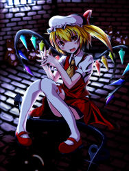 Rule 34 | 1girl, blonde hair, dungeon, fang, female focus, flandre scarlet, full body, hat, irusu, laevatein, mary janes, shoes, sitting, solo, stuffed animal, stuffed toy, teddy bear, thighhighs, touhou, wings