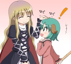 ! +++ 2girls :d ^_^ animal_ears bamboo_broom blush broom closed_eyes dog_ears dress gradient_background gradient_hair green_eyes green_hair headpat hijiri_byakuren kasodani_kyouko long_hair mikan_imo multicolored_hair multiple_girls open_mouth short_hair smile touhou translated very_long_hair