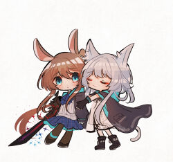 Rule 34 | 2girls, :o, amiya (arknights), amiya (guard) (arknights), animal ears, arknights, ascot, black footwear, black gloves, black jacket, black pantyhose, blue ascot, blue eyes, blue skirt, bracelet, brown hair, cat ears, cat girl, cat tail, chibi, closed eyes, closed mouth, commentary, dress, fingerless gloves, full body, gloves, highres, holding, holding sword, holding weapon, incoming hug, infection monitor (arknights), jacket, jewelry, long hair, multiple girls, oonohara kenya, pantyhose, parted lips, ponytail, rabbit ears, rabbit girl, rosmontis (arknights), short hair, sidelocks, simple background, skirt, sleeves past wrists, sword, tail, very long hair, weapon, white background, white dress, white hair
