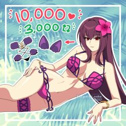 Rule 34 | 1girl, arrow (symbol), artist name, bikini, breasts, cleavage, commentary, english commentary, fate/grand order, fate (series), flower, grin, hair between eyes, hair flower, hair ornament, highres, instagram logo, large breasts, like and retweet, long hair, looking at viewer, lying, naomi gumbs (hanamimi), navel, pink bikini, pink flower, purple hair, red eyes, scathach (fate), scathach (fate/grand order), scathach (swimsuit assassin) (fate), smile, solo, stomach, swimsuit, thighs, twitch logo, twitter logo, very long hair