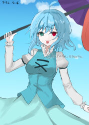 Rule 34 | 1girl, ahoge, blue eyes, blue hair, blue skirt, blue sky, blue vest, breasts, commentary, cross-laced clothes, dated, gradient sky, heterochromia, highres, holding, holding umbrella, karakasa obake, kuro wa shinoru, long sleeves, looking at viewer, medium breasts, one-hour drawing challenge, outdoors, purple umbrella, red eyes, skirt, sky, solo, tatara kogasa, tongue, tongue out, touhou, twitter username, umbrella, vest