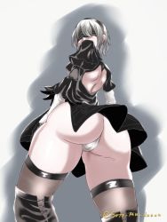 Rule 34 | 1girl, android, ass, back, back cutout, black dress, black hairband, blindfold, cameltoe, clothing cutout, dress, from behind, from below, hairband, huge ass, leotard, looking at viewer, looking down, nier (series), nier:automata, shiny clothes, shiny skin, short hair, silver hair, skirt, solo, thighhighs, thong leotard, upskirt, 2b (nier:automata), yukito kitto