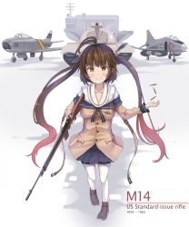 Rule 34 | 1girl, absurdly long hair, absurdres, ahoge, aircraft, airplane, blue skirt, blush, brown eyes, brown hair, character name, closed mouth, full body, girls&#039; frontline, gun, highres, holding, holding gun, holding weapon, long hair, looking at viewer, m14 (girls&#039; frontline), military, military vehicle, motor vehicle, multicolored hair, pantyhose, red hair, shell casing, skirt, smile, sob (submar1089), solo, tank, twintails, two-tone hair, very long hair, weapon, white pantyhose