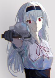 Rule 34 | 1girl, black gloves, black hairband, blood, blood on arm, blue hair, closed mouth, cup, expressionless, feet out of frame, girls&#039; frontline, gloves, gun, hair between eyes, hairband, handgun, highres, holding, holding cup, light blue hair, long hair, looking at viewer, neck ribbon, red eyes, red ribbon, ribbon, shirt, solo, standing, thunder (girls&#039; frontline), upper body, weapon, wh1te, white background, white shirt