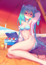 Rule 34 | 10s, 1girl, 2016, alternate eye color, anklet, aqua hair, arm behind head, arm support, arm up, armpits, artist name, barefoot, beach, beach towel, beach umbrella, bikini, bikini under clothes, blurry, blush, breasts, can, cleavage, coca-cola, cooler, dated, depth of field, drink can, expressionless, front-tie bikini top, front-tie top, hatsune miku, highres, ice, jewelry, long hair, long sleeves, looking at viewer, lotion bottle, navel, on ground, open clothes, open shirt, outdoors, purple eyes, ringed eyes, shirt, side-tie bikini bottom, sitting, soda can, solo, striped bikini, striped clothes, sweat, swimsuit, towel, twintails, umbrella, very long hair, vocaloid, white shirt, yimn-fletcher, yokozuwari