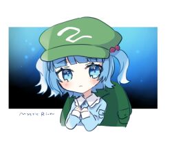 1girl backpack bag blue_eyes blue_hair blue_shirt closed_mouth collared_shirt cropped_torso flat_cap green_hat hachimitsu_honey hair_bobbles hair_ornament hands_up hat highres kawashiro_nitori long_sleeves looking_at_viewer puffy_long_sleeves puffy_sleeves shirt sleeves_past_wrists solo touhou two_side_up upper_body