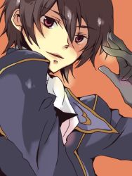 Rule 34 | 00s, 1boy, ascot, bad id, bad pixiv id, brown hair, code geass, hatsuko, lelouch vi britannia, looking at viewer, male focus, military, military uniform, orange background, red eyes, salute, simple background, solo, uniform, upper body