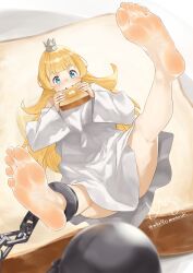 Rule 34 | 1girl, absurdres, ball and chain restraint, barefoot, blonde hair, blue eyes, bread, bread slice, crown, feet, food, food in mouth, highres, hime-sama &quot;goumon&quot; no jikan desu, hime (himesama goumon), light blush, long hair, looking at viewer, mbr90munouk, mouth hold, soles, toast, toast in mouth, toes
