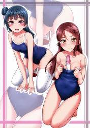 Rule 34 | 2girls, absurdres, barefoot, between breasts, blue hair, blue one-piece swimsuit, blush, breasts, brown eyes, brown hair, cleavage, clothes pull, collarbone, competition school swimsuit, embarrassed, floating hair, full body, hair between eyes, hair bun, hair ornament, hairclip, highres, kneeling, long hair, looking at viewer, love live!, love live! sunshine!!, multiple girls, one-piece swimsuit, one-piece swimsuit pull, open mouth, red eyes, sakurauchi riko, school swimsuit, shoes, single hair bun, small breasts, swimsuit, thigh gap, thighhighs, tsushima yoshiko, uwabaki, wavy mouth, white legwear, yopparai oni
