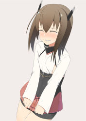 Rule 34 | 1girl, bike shorts, blush, brown hair, clenched teeth, closed eyes, cowboy shot, dutch angle, embarrassed, female focus, flat chest, grey background, have to pee, headgear, kantai collection, long sleeves, minamimachi naname, miniskirt, nose blush, pleated skirt, red skirt, shirt, short hair, simple background, skirt, solo, standing, taihou (kancolle), tears, teeth, wet, wet clothes, white shirt