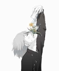 Rule 34 | 1boy, avogado6, black shirt, collared shirt, colored skin, commentary request, cup, drinking glass, closed eyes, flower, flower in mouth, flower request, from side, grey hair, highres, holding, holding cup, male focus, original, shirt, solo, upper body, white skin, wing collar, yellow flower