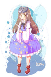 Rule 34 | 1girl, :o, boots, bow, brown hair, dress, fairy wings, furim, hair bow, highres, solo, star sapphire, touhou, wide sleeves, wings, yellow eyes