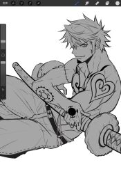 Rule 34 | 1boy, arm tattoo, belt, chest tattoo, closed mouth, denim, earrings, finger tattoo, hand tattoo, highres, holding, holding sword, holding weapon, jeans, jewelry, leaning forward, lineart, looking at viewer, male focus, monochrome, mrjieshisu, nose, pants, procreate (software), sanpaku, scar, scar on arm, short hair, simple background, smile, solo, stitched arm, stitches, sword, tattoo, toned, toned male, topless male, trafalgar law, v-shaped eyebrows, weapon, white background