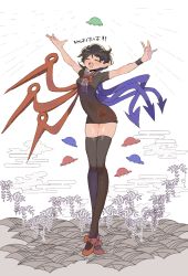Rule 34 | 1girl, asymmetrical wings, black dress, black hair, closed eyes, dress, full body, highres, houjuu nue, novadada, outstretched arms, red footwear, shoes, short dress, short hair, short sleeves, solo, standing, thighhighs, touhou, translation request, ufo, wings, zettai ryouiki
