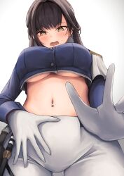 Rule 34 | 1girl, @ @, absurdres, breasts, brown eyes, brown hair, commentary request, epaulettes, from below, gloves, gluteal fold, goddess of victory: nikke, highres, large breasts, marciana (nikke), midriff, military uniform, navel, navel piercing, no bra, ohal, open mouth, pants, piercing, riding crop, solo, stomach, underboob, uniform, white gloves, white pants