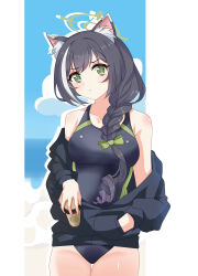 Rule 34 | 1girl, absurdres, animal ear fluff, animal ears, black hair, blue archive, blue sky, braid, cat ears, cat girl, cloud, competition swimsuit, cup, disposable coffee cup, disposable cup, green eyes, green halo, halo, hand in pocket, highres, holding, holding cup, jacket, karyl (princess connect!), kokkoro (princess connect!), long hair, maxwelzy, multicolored hair, one-piece swimsuit, outdoors, princess connect!, sky, solo, streaked hair, swimsuit, very long hair, white hair