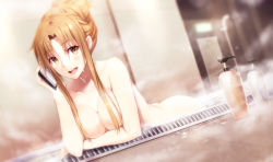 Rule 34 | 1girl, :d, arched back, arm support, ass, asuna (sao), bath, bathing, bathroom, breast rest, breasts, breasts squeezed together, brown eyes, brown hair, cellphone, completely nude, eyes visible through hair, fog, gabiran, hair bun, hair censor, hair up, holding, holding phone, indoors, long hair, medium breasts, nude, open mouth, parted bangs, partially submerged, phone, shampoo bottle, single hair bun, smartphone, smile, solo, sword art online, sword art online the movie: ordinal scale, talking on phone, teeth, water