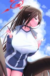 Rule 34 | 1girl, absurdres, black choker, black hair, black wings, blue archive, blue shorts, blue sky, blush, breasts, choker, cloud, feathers, halo, hasumi (blue archive), hasumi (track) (blue archive), highres, huge breasts, jacket, long hair, looking to the side, minase kazuma, partially unzipped, ponytail, red eyes, red halo, shorts, sky, smile, solo, track jacket, twitter username, very long hair, wings