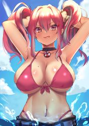 Rule 34 | 1girl, absurdres, armpits, arms up, azur lane, bare shoulders, bikini, bikini under clothes, black choker, bow, breasts, bremerton (azur lane), bunching hair, choker, collarbone, crop top, day, front-tie top, hair between eyes, hair bow, hair ornament, hairclip, highleg, highleg bikini, highres, large breasts, long hair, looking at viewer, mole, mole on breast, multicolored hair, navel, navel piercing, outdoors, piercing, pink bikini, pink hair, shimotsuki shio, short shorts, shorts, solo, stomach, streaked hair, swimsuit, tongue, tongue out, twintails, two-tone hair, upper body, x hair ornament