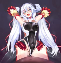 Rule 34 | 1boy, 1girl, aqua eyes, armpits, arms up, bad id, bad twitter id, bar censor, black background, black gloves, black heart (neptunia), black thighhighs, blush, bodysuit, breasts, breasts apart, bright pupils, censored, clothed female nude male, clothed sex, clothing aside, colored skin, cosplay, covered collarbone, covered erect nipples, covered navel, cowboy shot, dark-skinned male, dark skin, eencya, elbow gloves, fat, fat man, frills, girl on top, gloves, gradient background, hair between eyes, hair ribbon, halterneck, head tilt, hetero, highres, kami jigen game neptune v, leotard, leotard aside, long hair, medium breasts, mizuki yukikaze (cosplay), narrow waist, neptune (series), no bra, noire (neptunia), nude, open mouth, pov, power symbol-shaped pupils, ribbon, sex, simple background, skin tight, skindentation, solo focus, sparkle, spread legs, sweat, symbol-shaped pupils, taimanin (series), taimanin yukikaze, thighhighs, thighs, tongue, tongue out, twintails, two side up, vaginal, very long hair, white hair, white skin