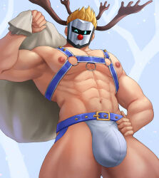 Rule 34 | 1boy, abs, antlers, armpit peek, bara, belt, blonde hair, bulge, carrying over shoulder, chest harness, covered penis, crotch, feet out of frame, from below, gift bag, harness, highres, horns, indie virtual youtuber, large bulge, large pectorals, looking at viewer, male focus, mask, masked himbo (silvyspark), muscular, muscular male, navel, nipples, o-ring, o-ring top, pectorals, purple belt, red nose, reindeer antlers, rekkinj, revealing clothes, second-party source, short hair, solo, standing, stomach, thick thighs, thighs, virtual youtuber