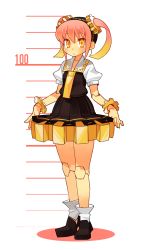 Rule 34 | 1girl, alpha transparency, black dress, black footwear, blonde hair, blush, commentary request, doll joints, dot nose, dress, flat chest, fukumaaya, full body, gears, gradient hair, hair between eyes, hair ornament, height chart, highres, joints, kururukaer, looking at viewer, medium hair, multicolored hair, open hands, orange eyes, orange hair, original, parted lips, pleated dress, shoes, short sleeves, sidelocks, socks, solo, symbol-shaped pupils, transparent background, twintails, white socks, yellow eyes
