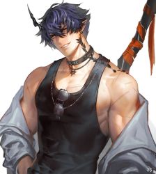 Rule 34 | 1boy, arknights, black hair, black shirt, choker, demon horns, earrings, flamebringer (arknights), flamebringer (casual vacation) (arknights), grey jacket, highres, horns, iroai midodo, jacket, jewelry, looking at viewer, male focus, material growth, multicolored hair, muscular, muscular male, necklace, official alternate costume, orange eyes, oripathy lesion (arknights), pointy ears, purple hair, scar, scar on arm, shirt, short hair, simple background, smile, solo, sunglasses, tank top, two-tone dress, weapon