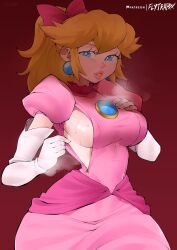 Rule 34 | 1girl, adapted costume, blonde hair, blue eyes, bow, breasts, closed mouth, dress, earrings, elbow gloves, flytrapxx, gloves, hair bow, highres, jewelry, large breasts, long hair, looking at viewer, mario (series), nintendo, official alternate costume, official alternate hairstyle, pink bow, pink dress, ponytail, princess peach, princess peach: showtime!, puffy short sleeves, puffy sleeves, seductive smile, short sleeves, sideboob, smile, solo, sphere earrings, sweat, sweat, white gloves, zipper