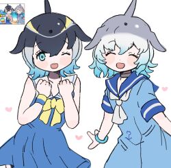 Rule 34 | 010mzam, 2girls, black hair, blonde hair, blowhole, blue dress, blue hair, blush, bow, bowtie, bracelet, cetacean tail, choker, closed eyes, common bottlenose dolphin (kemono friends), common raccoon (kemono friends), dolphin girl, dorsal fin, dress, fins, fish tail, grey hair, hair between eyes, head fins, heart, highres, jewelry, kemono friends, looking at viewer, multicolored hair, multiple girls, neckerchief, one eye closed, open mouth, pleated dress, sailor collar, sailor dress, scene reference, short hair, short sleeves, sidelocks, smile, tail, white choker, white neckerchief, wristband, yellow bow, yellow bowtie