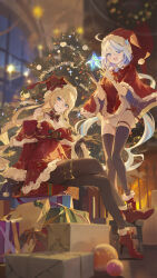 Rule 34 | 2girls, absurdres, ahoge, alternate costume, aqua eyes, black pantyhose, black thighhighs, blonde hair, blue eyes, blue hair, blurry, blurry background, blush, boots, box, box stack, breasts, christmas, christmas ornaments, christmas tree, commentary request, crossed legs, detached collar, detached sleeves, dress, feet out of frame, french commentary, full body, fur-trimmed dress, fur-trimmed headwear, fur-trimmed sleeves, fur trim, furina (genshin impact), genshin impact, gift, gift box, gloves, hat, highres, light blue hair, long hair, looking at viewer, modare, multicolored hair, multiple girls, navel, navia (genshin impact), open mouth, panties, pantyhose, pom pom (clothes), red dress, red hat, santa costume, santa hat, side-tie panties, sitting, sleeves past wrists, small breasts, smile, solo, streaked hair, teeth, thigh strap, thighhighs, thighlet, thighs, underwear, very long hair, white hair