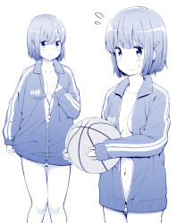 Rule 34 | 1girl, ball, basketball, basketball (object), blue theme, blush, breasts, closed mouth, collarbone, flying sweatdrops, gluteal fold, hair ornament, hairclip, holding, holding ball, jabittoson, jacket, long sleeves, monochrome, multiple views, nearly naked coat, original, panties, simple background, sleeves past wrists, small breasts, smile, sweat, thigh gap, track jacket, underwear, white background