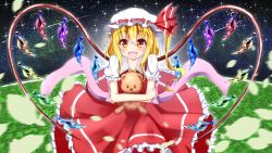 Rule 34 | 1girl, blonde hair, blush, hugging doll, dress, fang, flandre scarlet, gradient background, hat, hat ribbon, heart, heart wings, highres, looking at viewer, mob cap, hugging object, open mouth, puffy short sleeves, puffy sleeves, red dress, ribbon, sash, shirt, short sleeves, side ponytail, smile, solo, stuffed animal, stuffed toy, teddy bear, touhou, wings, yellow eyes, ymd (holudoun)