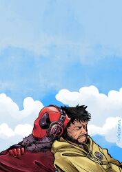 2boys artist_name beard blue_sky brown_hair closed_eyes closed_mouth cloud commentary deadpool deadpool_&amp;_wolverine deadpool_(series) english_commentary facial_hair flyingrotten gloves headphones heads_together highres hood hoodie jacket long_sleeves male_focus marvel mask mature_male multiple_boys red_jacket red_mask short_hair sky wolverine_(x-men) x-men yaoi yellow_hoodie