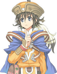 Rule 34 | 1girl, :&lt;, androgynous, annie eilenberg, atelier (series), atelier annie, belt, belt pouch, black hair, blue eyes, cape, earrings, fantasy, female focus, flat chest, frown, gust, hair between eyes, hat, jewelry, loincloth, lowres, official art, orange hat, pointing, pouch, short hair, sidelocks, simple background, solo, strap, tomboy, upper body, watanuki nao, white background